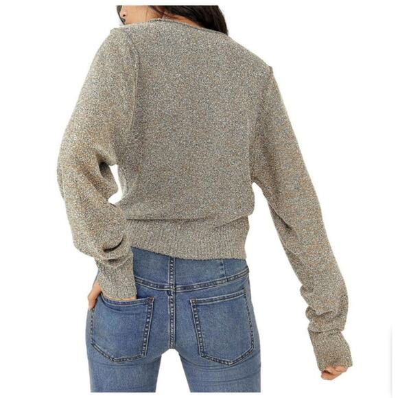 Free People Going For Gold Sweater Slouchy Faux Wrap Metallic Size Small - Picture 2 of 12